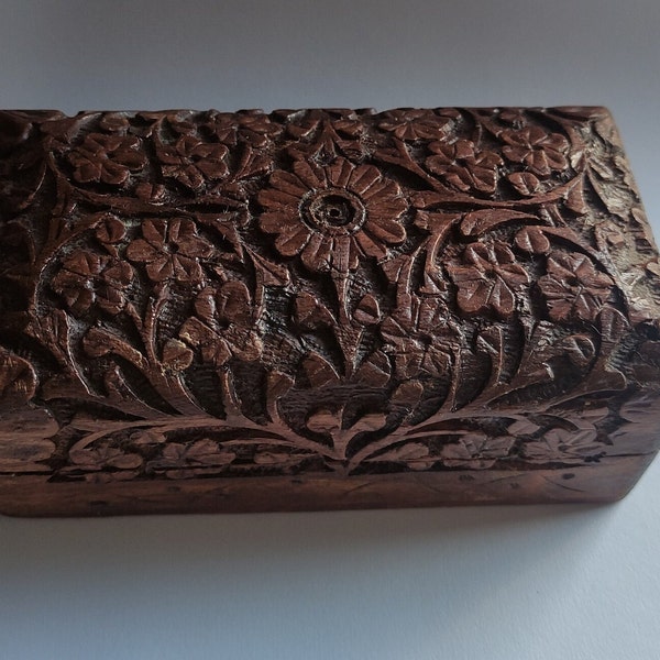 Vintage handmade, hand-carved wooden jewelry box with floral design and intricate carving