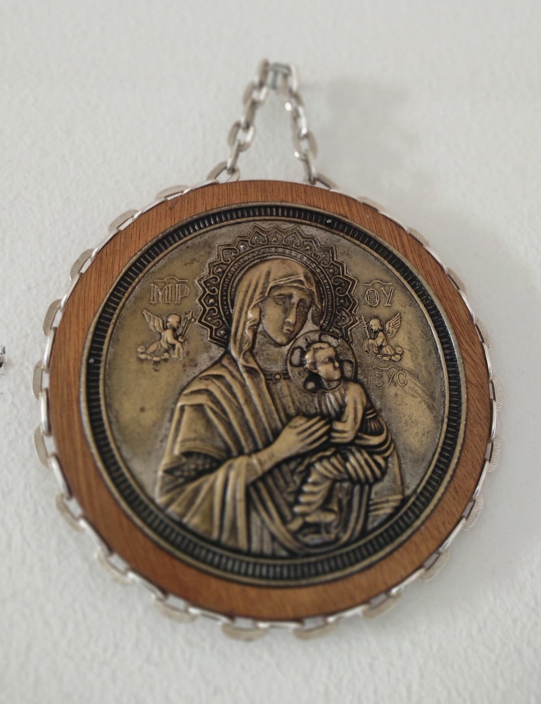 Vintage Talisman Christian Icon of Virgin Mary Holding Jesus on Wood Etsy