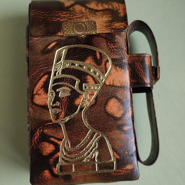 Vintage Egyptian (Nefertiti queen) leather brown-gold cigarette case with a case for lighter