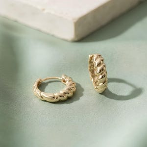 May include: A pair of gold hoop earrings featuring a twisted, rope-like texture. The earrings have a polished, reflective finish and a circular shape. One earring is lying flat, while the other is positioned upright, showcasing the detailed design.