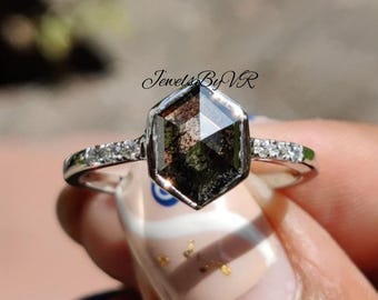 1.5 CT Hexagon Salt Pepper Diamond Ring, 18K White Gold Geometric Engagement Ring