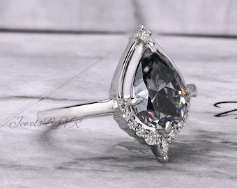 Grey Pear Cut Moissanite Engagement Ring • Vintage Halo Pear Ring • Dark Grey Moissanite Ring • Unique Alternative Bridal Ring