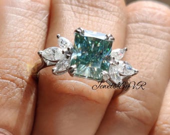 3.0 CT Radiant Cut Blue Green Moissanite Engagement Ring, Solitaire Bridal Proposal Ring