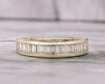 Channel Set Baguette Moissanite Wedding Band in Yellow Gold | Minimalist Eternity Ring | Stackable Bridal Band | Anniversary Gift for Her