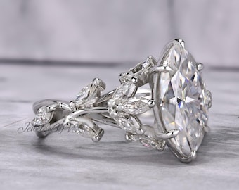 Marquise Moissanite Engagement Ring with Cluster Side Stones, Unique Vintage Inspired Bridal Ring, Statement Moissanite Ring