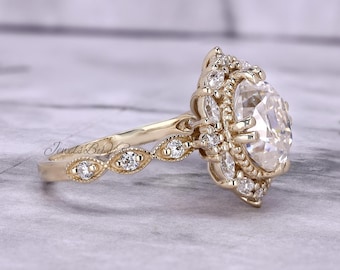 Oval Moissanite Engagement Ring, Vintage Halo Moissanite Ring, Floral Inspired Bridal Ring, Gold Oval Engagement Ring Unique Artisan Jewelry