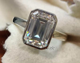 Emerald Cut Moissanite Engagement Ring, 18K Gold Bezel Set Solitaire Ring