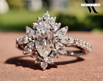 Marquise Cut Lab Grown Diamond Engagement Ring, Starburst Halo, 14K Rose Gold Vintage Style