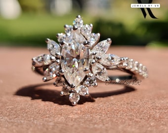Marquise Moissanite Starburst Engagement Ring, 14K White Gold Vintage Halo Wedding Band