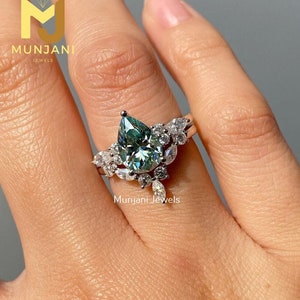2.0 CT Pear Blue Green Moissanite Engagement Ring Set Wedding Ring Cyan Blue Moissanite Ring Set Ring for Women Anniversary Gift Ring Set