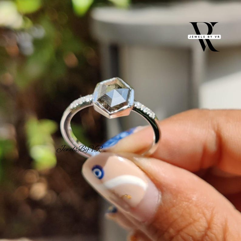 custom salt and pepper jewelry, salt and pepper diamond for her, low profile engagement ring, travel friendly diamond ring, snag free jewelry, minimalist hexagon ring, architectural jewelry design, raw diamond aesthetic, ethical salt and pepper diamond, conflict free galaxy diamond, speckled gemstone ring, rustic diamond engagement ring, salt and pepper diamond pavé, vintage salt and pepper ring, art deco hexagon ring, boho bridal jewelry, indie engagement rings