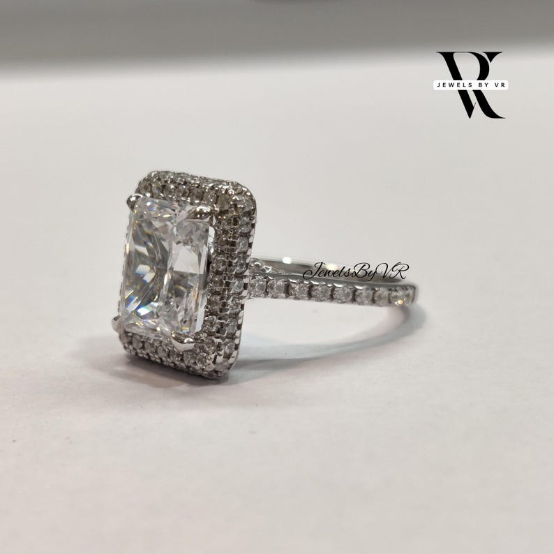 Radiant Cut Moissanite Engagement Ring | 14K White Gold Halo Bridal ...