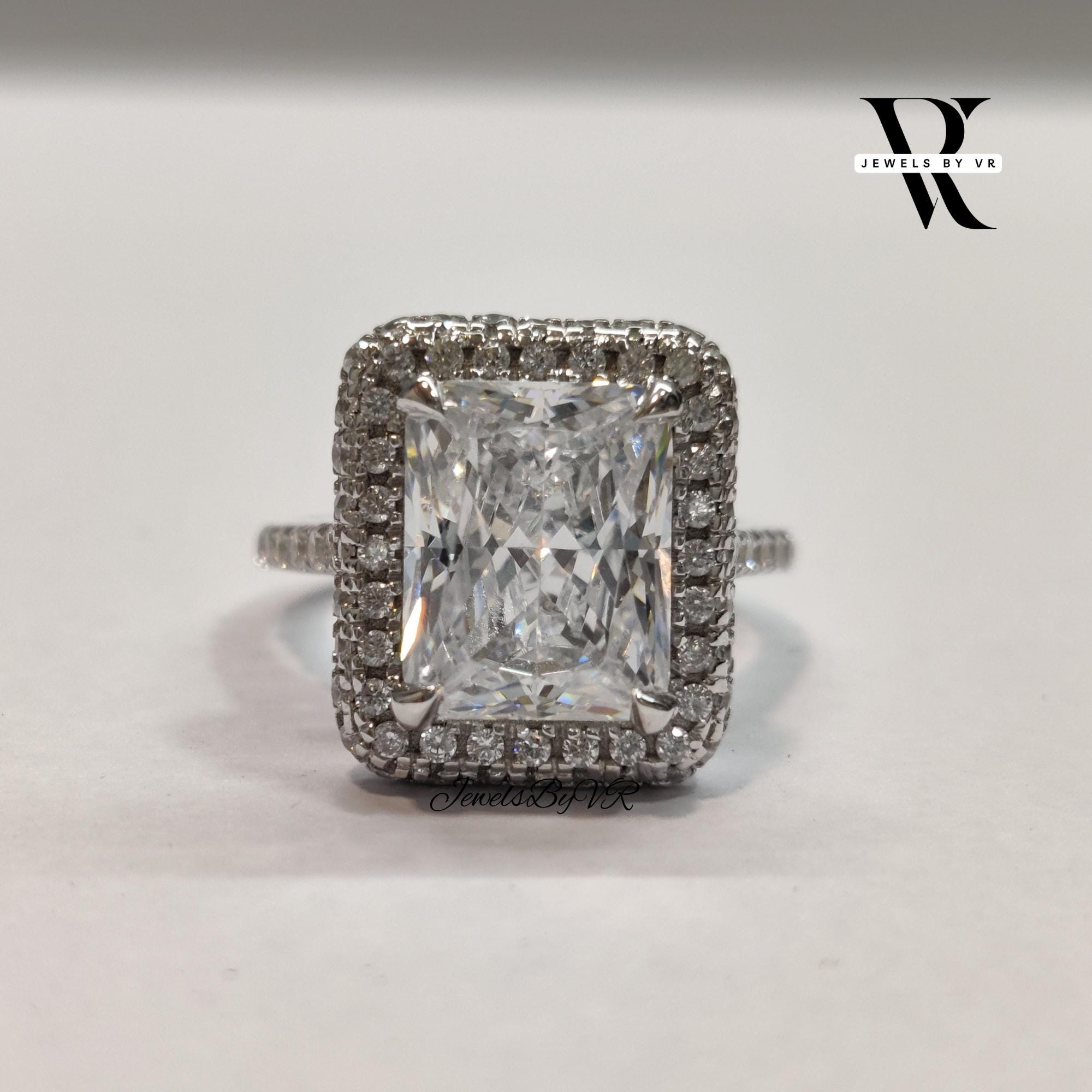 Radiant Cut Moissanite Engagement Ring | 14K White Gold Halo Bridal ...