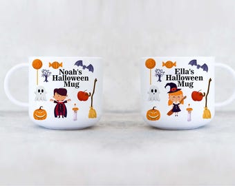 Personlig Halloweenmugg – Barnmugg med eget namn | Välj karaktär (häxa, vampyr, skelett, djävul, Frankenstein, bus- eller godisflicka)