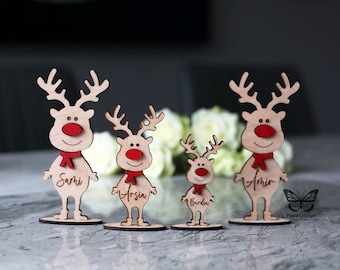 Personalised Christmas Reindeer Place Settings, Wood engraved names on stand. Rustic customised seat cards festive table decorations idea