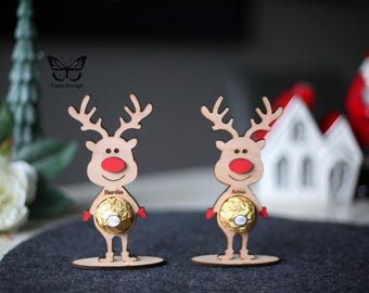 Personalised Christmas Reindeer Place Settings with Chocolate Holder, Custom Christmas decoration, Gift Tag , Ferrero Rocher Reindeers