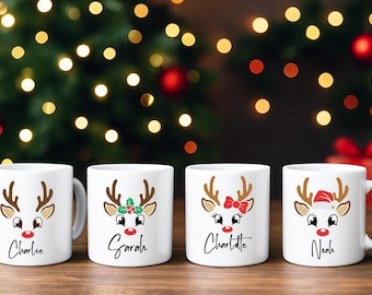 Taza navideña personalizada de reno: Taza de cerámica con nombre personalizado