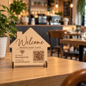 Könnte beinhalten: Ein hausförmiges Holzschild mit dem Text Welcome MOONLIGHT CAFÉ, einem WLAN-Symbol, einem QR-Code sowie dem Text NETWORK: MoonlightCafe, PASSWORD: GoodCoffee2026 und SCAN TO CONNECT. Das Schild steht auf zwei kleinen Holzfüßen auf einem Tisch.