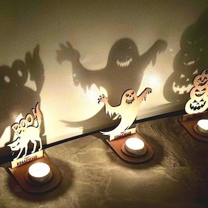 Halloween Candle Holder, Wooden Tealight Holder, Ghost Shadow Decor, Haunted House, Pumpkin Bat Candle, Halloween Gift, Halloween candle
