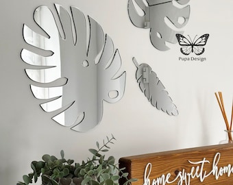 Decoração de parede com folha de Monstera espelhada: conjunto de 3 peças de acrílico tropical