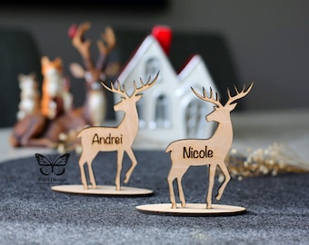 Personalised Christmas Reindeer Place Settings, Wood engraved names on stand. Rustic customised seat cards festive table decorations idea