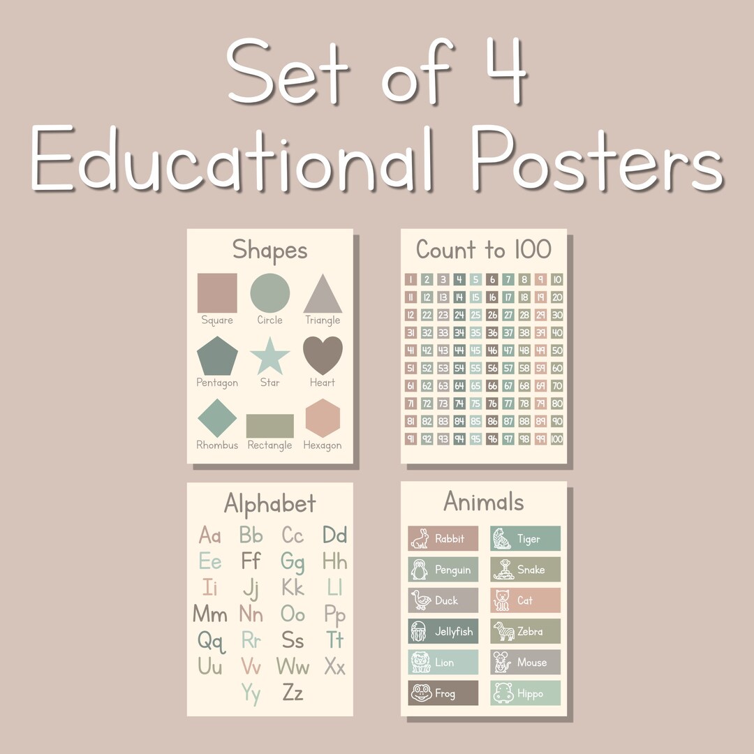 Set of 4 Educational Poster Set for Playroom or Nursery, Kids and ...