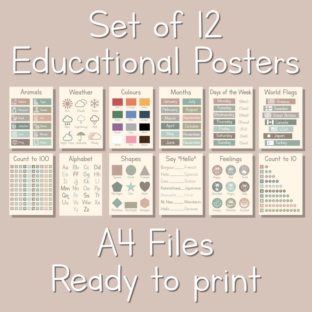 Set of 12 Educational Poster Set for Playroom or Nursery, Kids and ...
