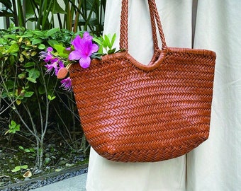 SITING Handwoven Leather Vegetable Basket Bag