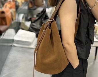 Genuine leather and suede bucket bag