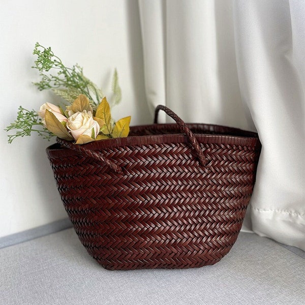 Pure handmade leather woven bucket bag