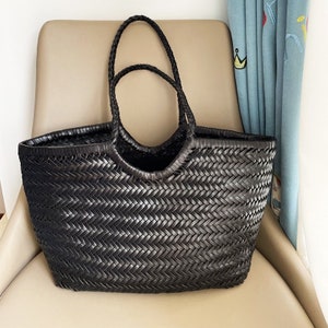 SITING Handwoven Leather Vegetable Basket Bag black