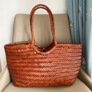 SITING Handwoven Leather Vegetable Basket Bag brown