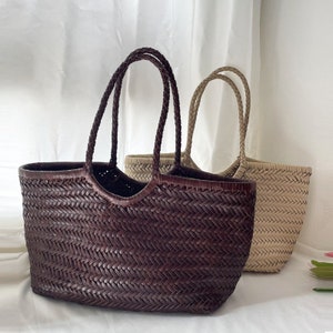 SITING Handwoven Leather Vegetable Basket Bag coffee color