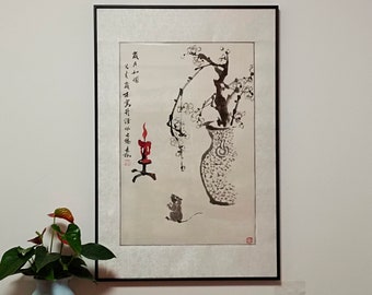 Chinese ink paintings, Chinese painting original, Chinese hand painted brush paintings. Mouse, candle and plum blossoms.