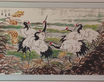 Chinese ink painting, Chinese painting original, Chinese hand painted ink wash brush paintings. Cranes in the wetland. Large vertical.