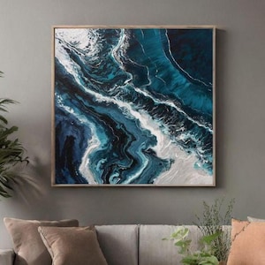 Blue Abstract Ocean Art: Coastal Beach House Decor, Framed Canvas