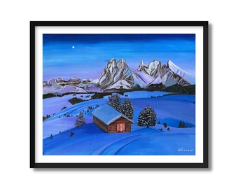 Impression d'art paysage enneigé | Paysage de peinture enneigée | Art mural montagne enneigée | Art villageois | Toile neige