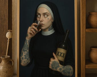 Tattooed Nun Art Print: Edgy Gothic Bar Decor (Digital Download A3/A4/8x10in)