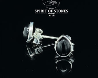 Stud earrings silver onyx black, drops 5 x 7 mm, in a narrow silver setting, 925 sterling silver, silver jewelry, gift for her