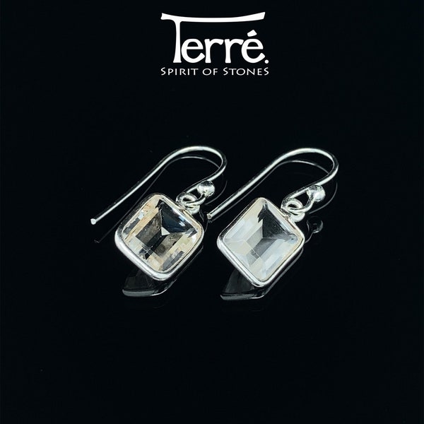 Boucles d'oreilles carrées en cristal de roche à facettes, taille de pierre : 7 x 9 mm, argent sterling 925, boucles d'oreilles en pierres précieuses, cadeau pour elle, bijoux en argent