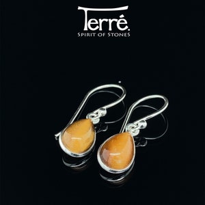 Earrings tiger eye cabochon, drops, stone: 7x9mm, total length 25mm, 925 sterling silver, silver jewelry, brown gemston