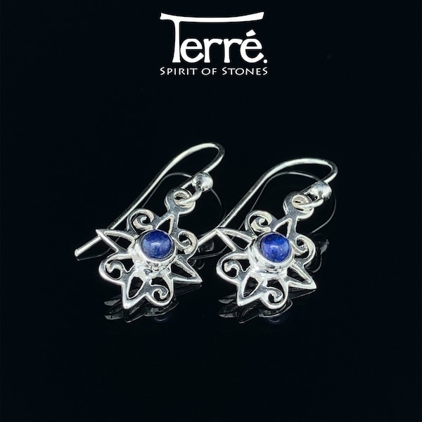 Ohrringe Lapislazuli, 925 Sterling Silber, Edelstein Lapis Lazuli, dunkelblau, Blume