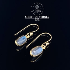 Earrings labradorite cabochon oval elongated, stone: 5 x 10 mm, total length 25 mm, 925 sterling silver gold plated, silver jewelry, gemstone