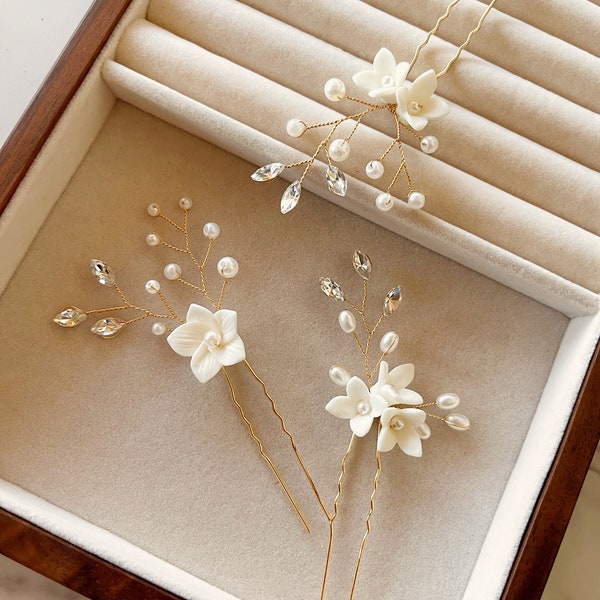 Wedding Brides Porcelain Flower Gold Silver Bridal Bridesmaids Hair Pins Jewellery Pearl comb slide Head Piece Acc Set , Australia handmade