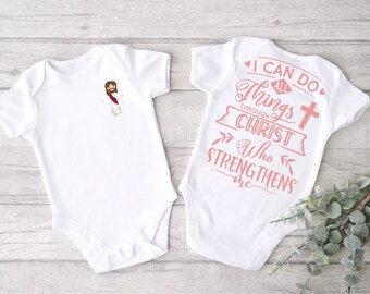 Baby Girl Jesus shirt bible verse baby full body suit  I can do all things Little girl toddler Christian Catholic Faith religion Lent