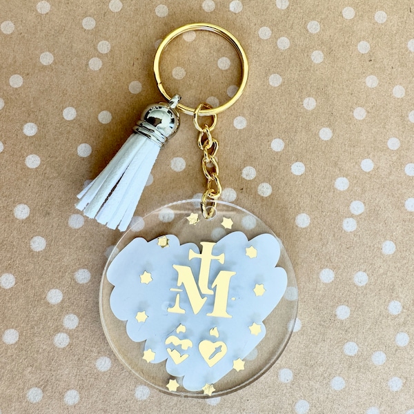 Marian Miraculous Medal Keychain Catholic woman's perfect gift for mom daughter first car keys trendy teen Painted Acrylic gift for her Lent