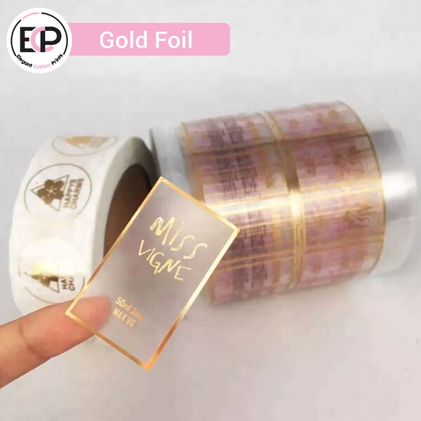 Custom Transparent Sticker 100 pcs for boxes, cosmetic plastic & glass bottle, and many other surfaces | Gold, Rose Gold Foil