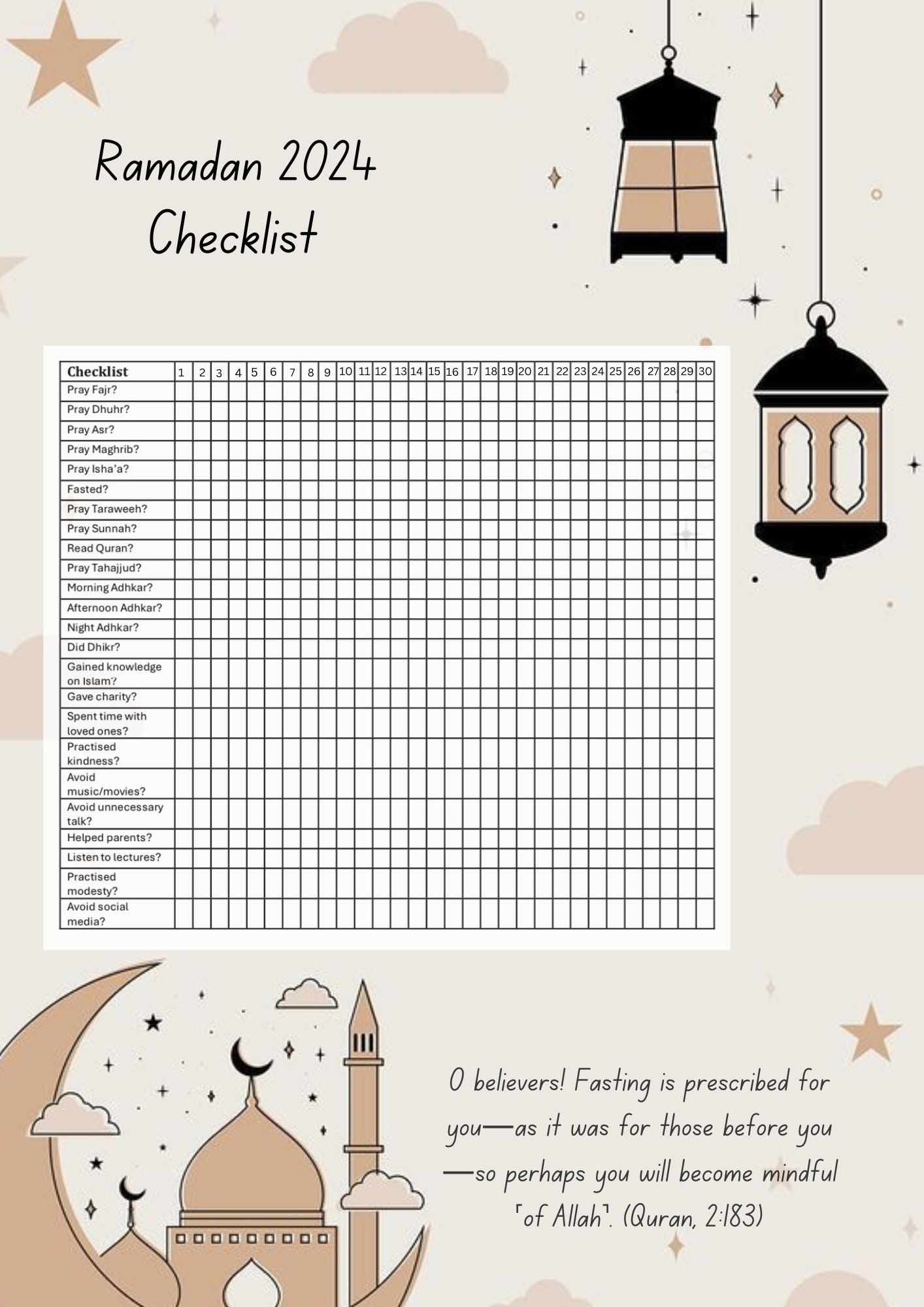 Ramadan Checklist, 2024, Template, Printable, Check List, Calendar, Motivation - Etsy UK