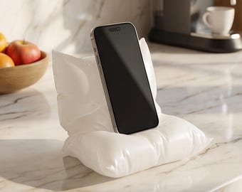 Suporte/base para celular "Almofada Fofinha" em edição especial impressa em 3D, branco/brilha no escuro.
