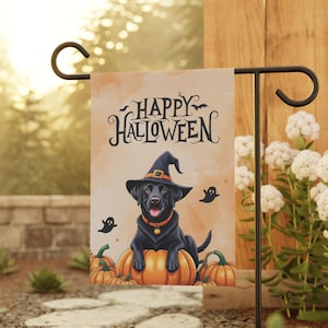 Black Lab Fall Flag, Black Labrador Halloween Flag, Gift for Labrador mom, Black lab flag, Black Lab decor. Dog Halloween Flag, Garden Flag image 1